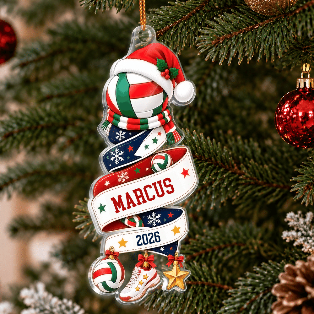 Décoration de Noël personnalisée en acrylique en forme de ballon de sport, avec prénom et année – Cadeau de Noël pour les sportifs, les fans de sport et les passionnés 1