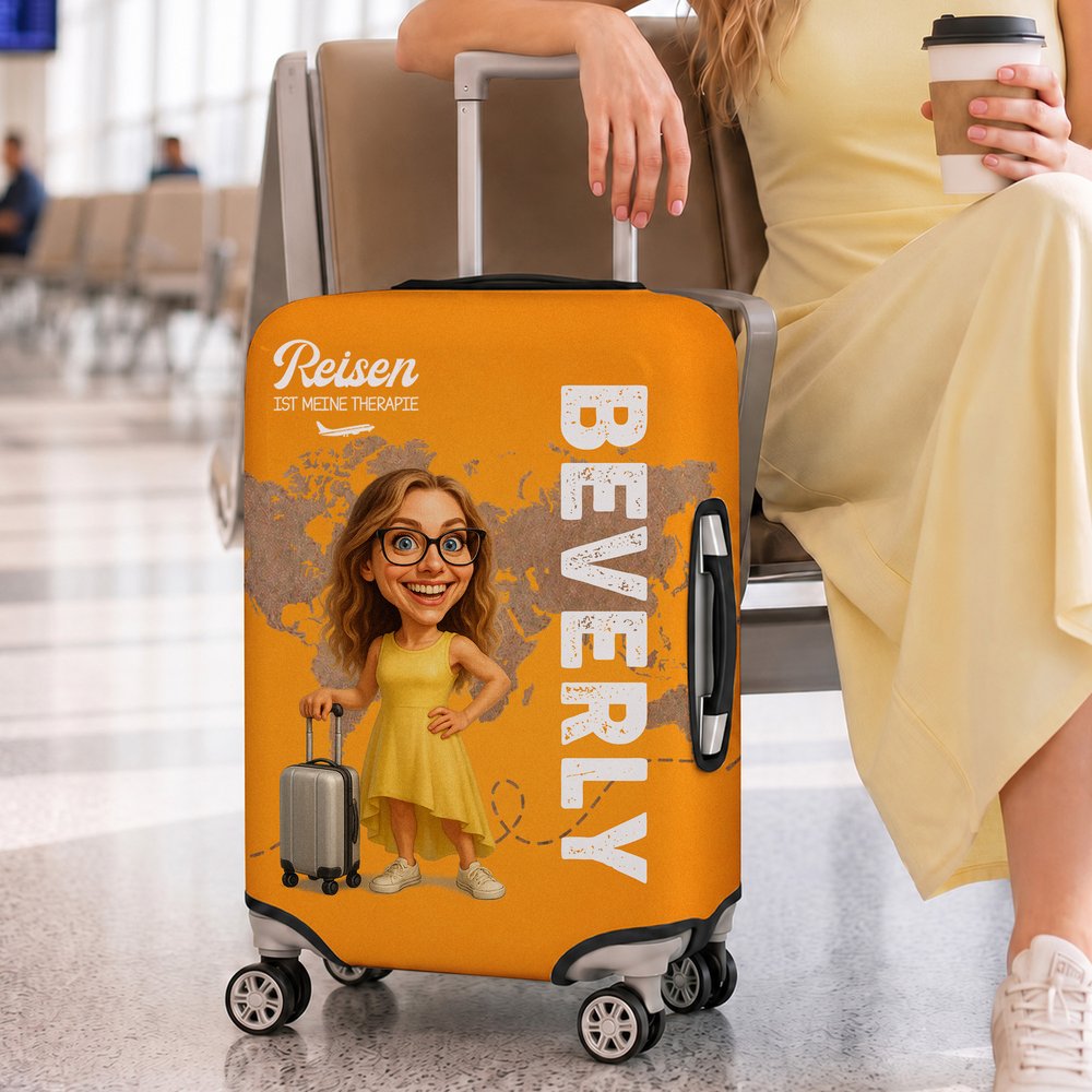 Personalisierte Foto-Karikatur Kofferschutzhülle mit Namen & Lebensmotto | Elastische Kofferhülle für 45–81 cm Höhe | Reise Geschenk für Weltenbummler 3