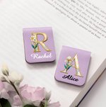 Personalized Pearl Effect Birth Flower Initial Magnetic PU Leather Bookmark Clip with Name Daily Use Birthday Gift for Bookworms Book Lovers 7