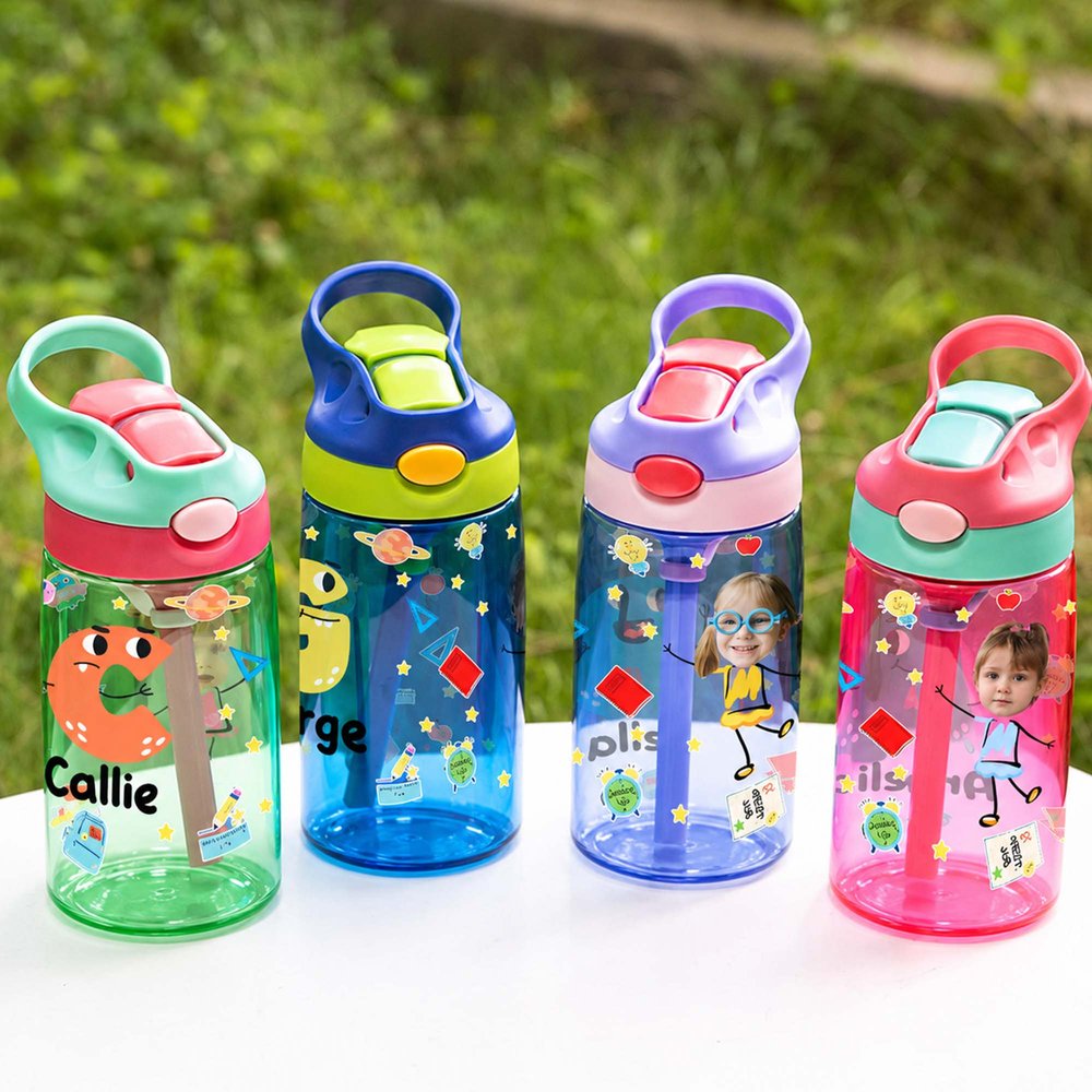 Personalised Colourful Cartoon Photo Name 16oz Kid's Water Bottle with Silicone Straw and Handle Birthday Back to School Gift for Boys Girls 4