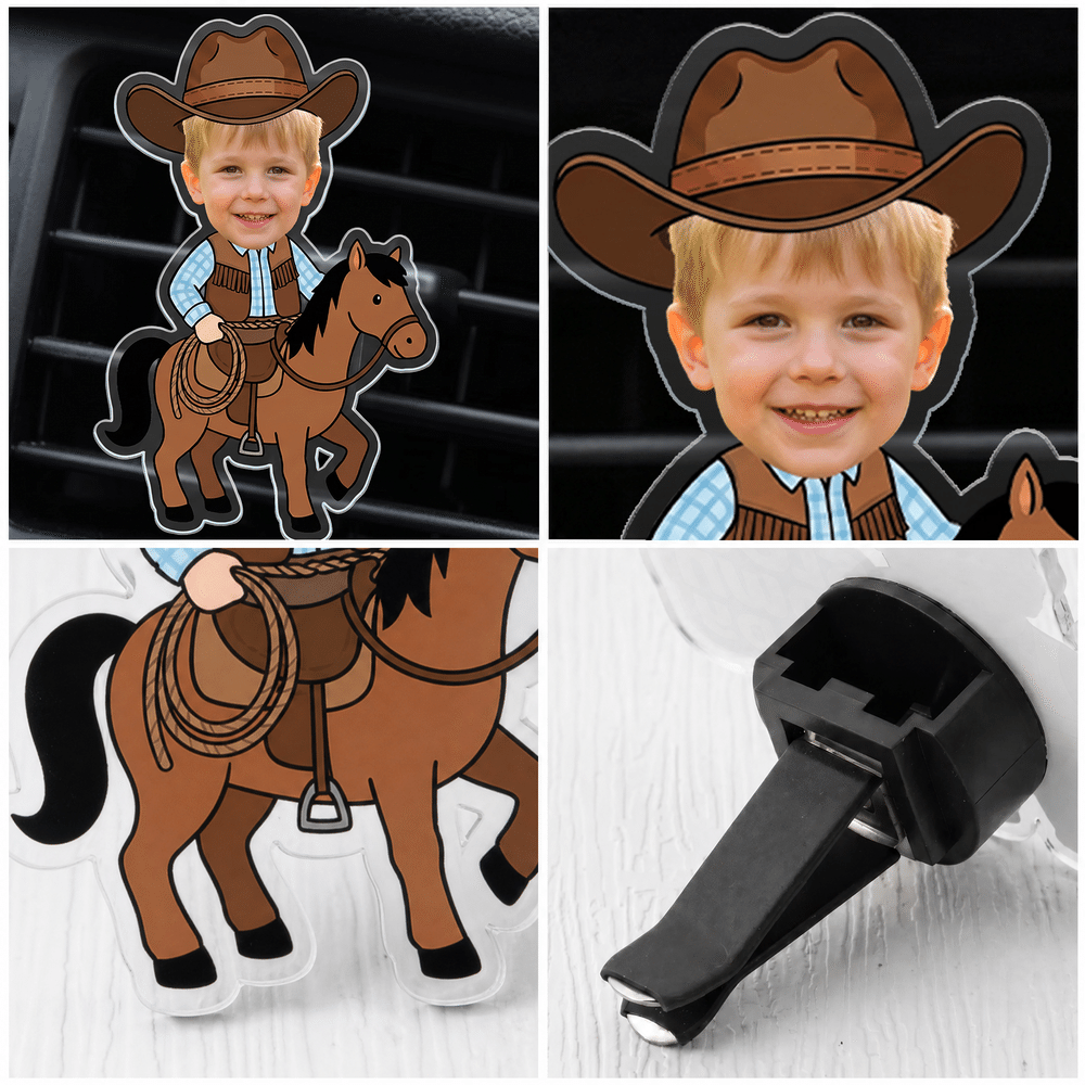 Personalized Cartoon Cowboy Photo Car Vent Clip Sun Visor Clip Rearview Mirror Ornament with Text Car Accessories Birthday Gift for Drivers Parents 8