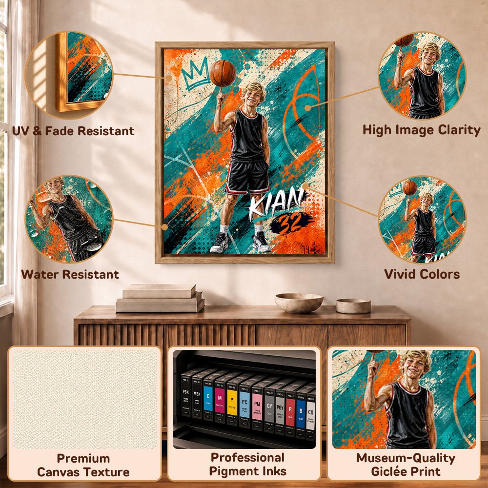 Personalised Oil Painting Style Basketball Player Photo Canvas Prints with Name and Number Home Wall Decor Birthday Gift for Basketball Lovers Players 9