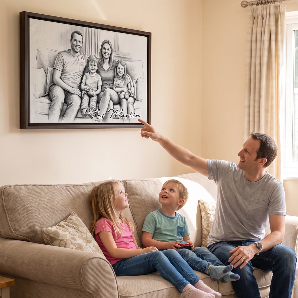 Toile personnalisée avec photo et texte - Portrait de famille effet croquis - Cadeau d'anniversaire pour la famille 5