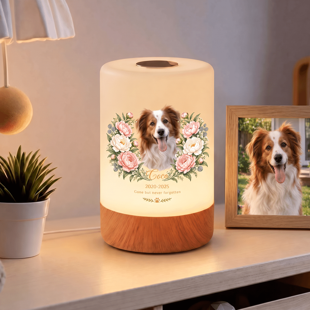 Personalized Oil Painting Pet Photo Birth Flower Touch Control Night Light with Name Year and Text Memorial Sympathy Gift for Loss of Pet 3