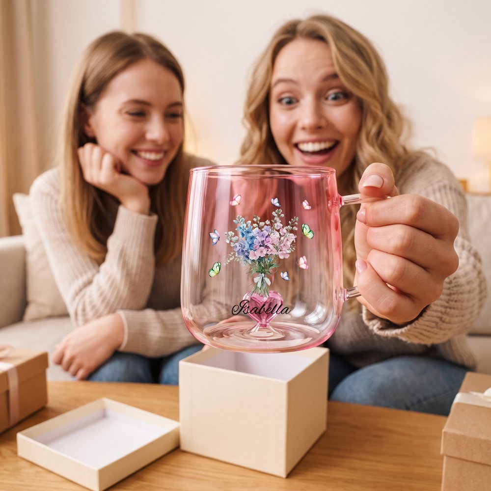 Personalised Butterfly Birth Flower 3D Heart Ornament 15 oz Glass Mug with Name Mother's Day Birthday Gift for Mum Woman 9