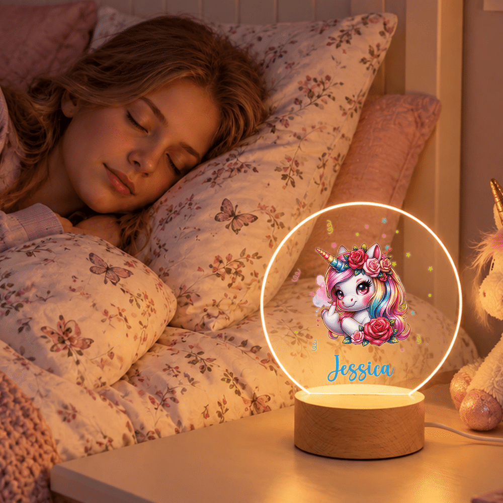 Placas acrílicas personalizadas con forma de círculo, con motivos de unicornio y flores de nacimiento, con luz nocturna, con nombre, para dormitorio infantil, regalo de cumpleaños para niñas 2