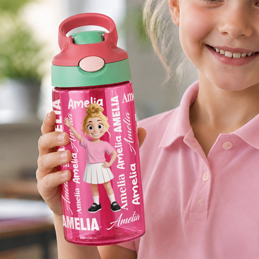 Personalisierte Wortwolke mit Cartoon-Figur und Namen – 16 oz Kinder-Trinkflasche mit Strohhalm und Griff – Geschenk zum Schulanfang, zum Kindertag oder zum Geburtstag für Kinder 3