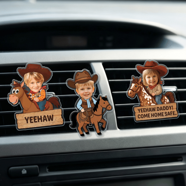 Personalized Cartoon Cowboy Photo Car Vent Clip Sun Visor Clip Rearview Mirror Ornament with Text Car Accessories Birthday Gift for Drivers Parents