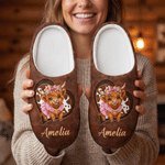 Personalized Cartoon Highland Cow Warm Flannel Slippers with Name Birthday Christmas Gift for Family Kids Women Men 5