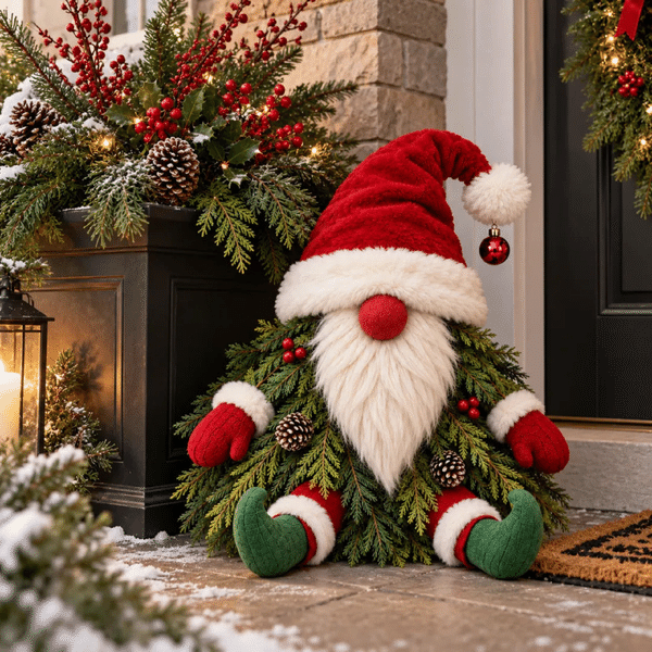 Whimsical Gnome Christmas Tree Figurine, Plush Santa Gnome with Pine Branch Body, Indoor & Outdoor Porch Decoration, Holiday Gift for Family