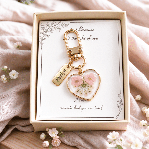 Personalized Elegant Dried Flower Heart Pendant Keychain Card Box Set with Name and Text Christmas Gift for Woman Bestie