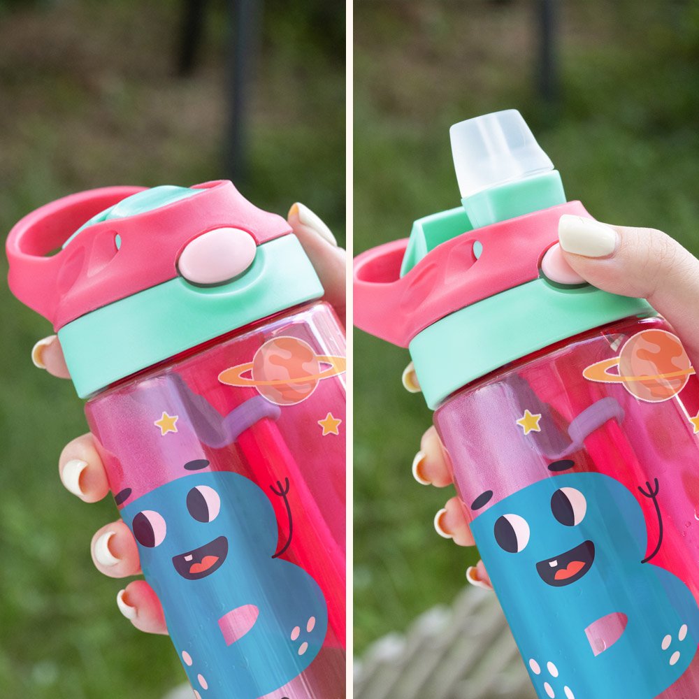 Personalised Colourful Cartoon Photo Name 16oz Kid's Water Bottle with Silicone Straw and Handle Birthday Back to School Gift for Boys Girls 6
