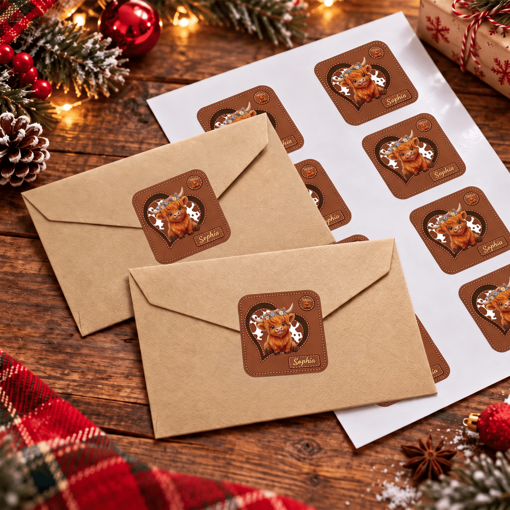 Personalized Vintage Cartoon Highland Cow Heart Waterproof Stickers with Name Christmas Holiday Party Gift for Family Friends Kids 6