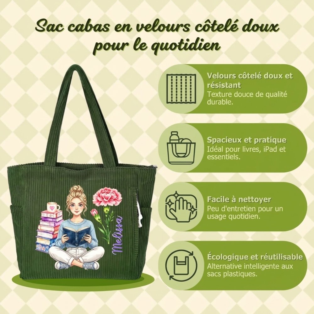 Sac fourre-tout en velours côtelé personnalisé avec photo nom et fleur de naissance - Cadeau Noël et anniversaire pour amoureux des livres 10
