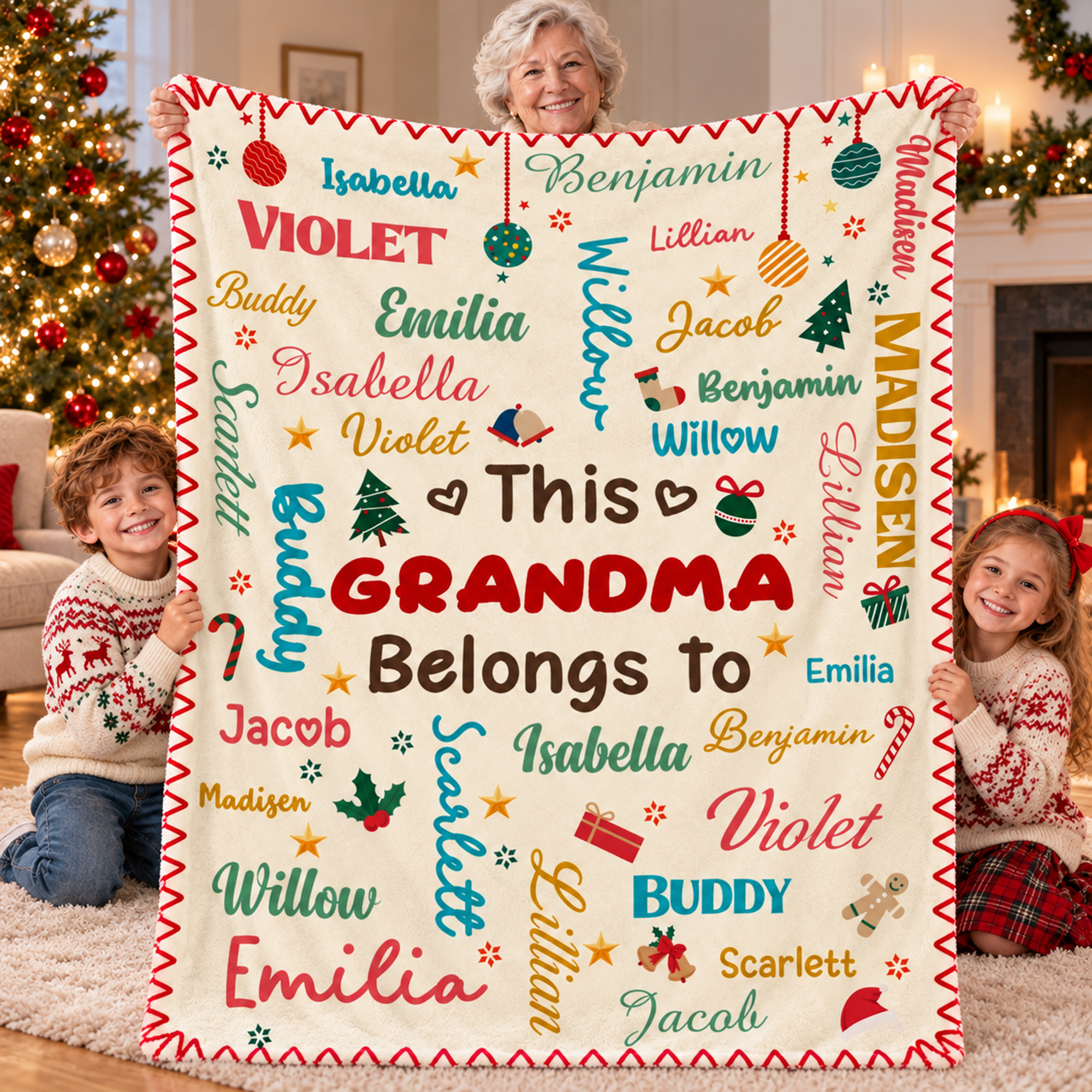 Personalized Christmas Elements Word Cloud Warm Throw Blanket with Title and Family Member Names Home Decor Christmas Gift for Family Friends