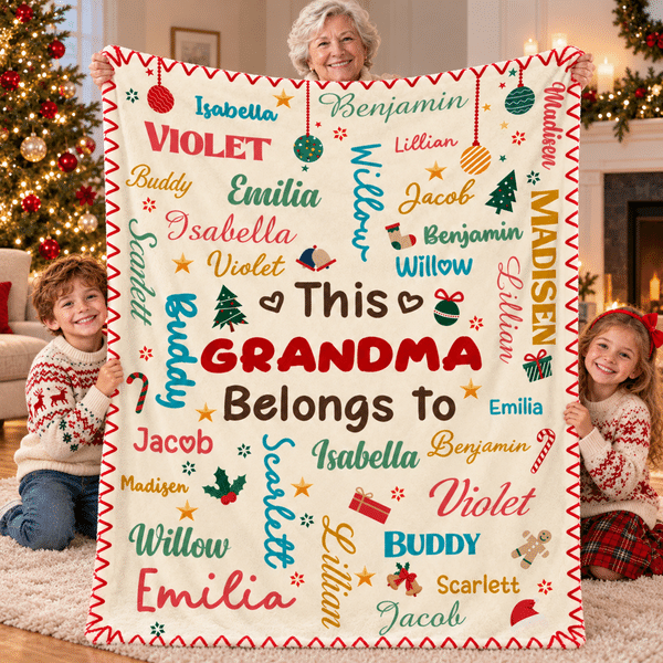 Gepersonaliseerde kerst-woordwolk: warme plaid met titel en namen van gezinsleden – woondecoratie en kerstcadeau voor familie en vrienden