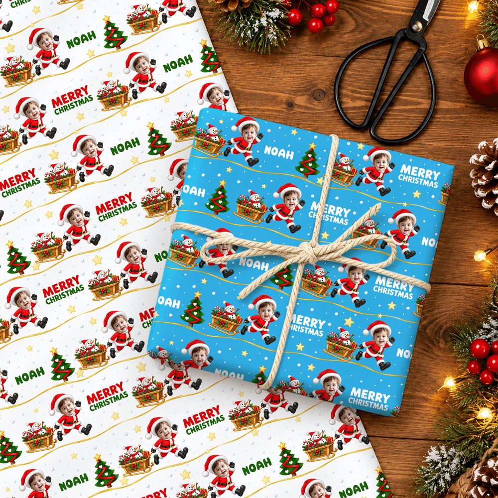 Personalised Merry Christmas Santa Claus Face Photo Wrapping Paper with Name Christmas Party Gift for Kids Family Friends 5