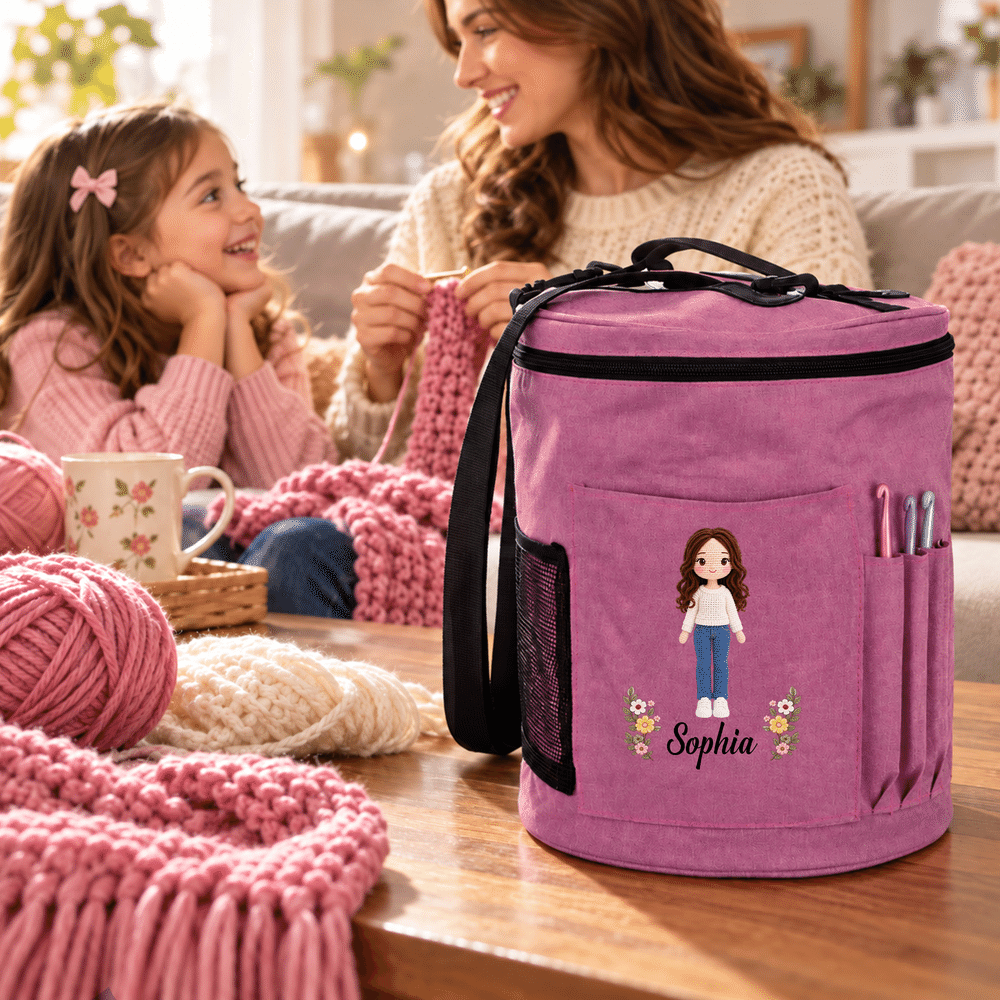 Personalised Cartoon Character Photo Oxford Large Cylindrical Yarn Storage Bag with Name Daily Use Birthday Gift for Crochet Lovers Women 8