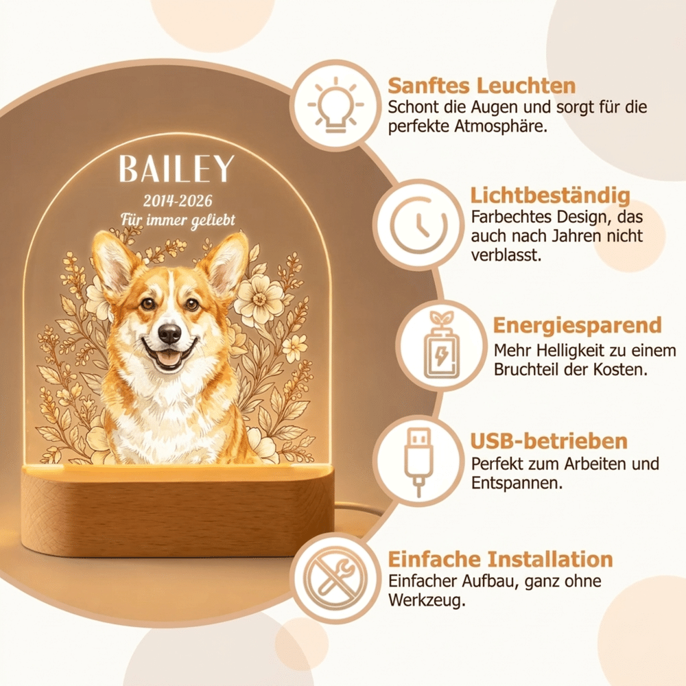 Personalisiertes Haustierfoto Nachtlicht mit Aquarell-Blumen | mit Namen & Text | LED-Acryllampe mit Holzsockel | Erinnerungsgeschenk für Tierbesitzer 10