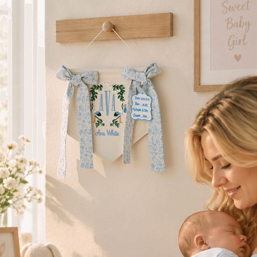 Personalised Embroidery Rustic Style Flowers Banner Decoration with Text  Tag Baby Bedside Decoration Hospital Gift for Newborn 7