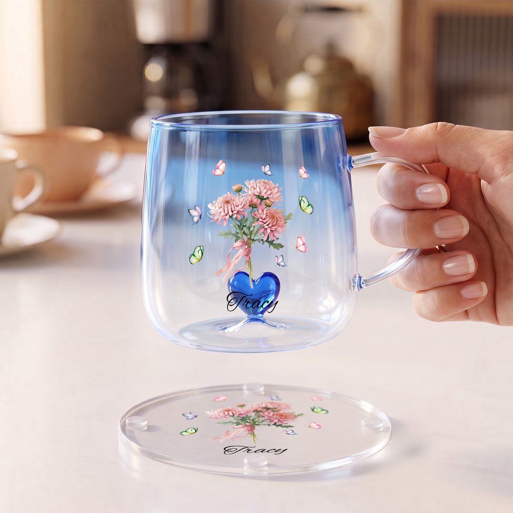 Personalised Butterfly Birth Flower 3D Heart Ornament 15 oz Glass Mug with Name Mother's Day Birthday Gift for Mum Woman 6