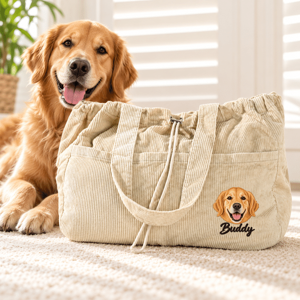 Personalized Multicolour Embroidered Pet Photo Corduroy Drawstring Tote Bag with Name Daily Use Birthday Gift for Pet Lovers Women