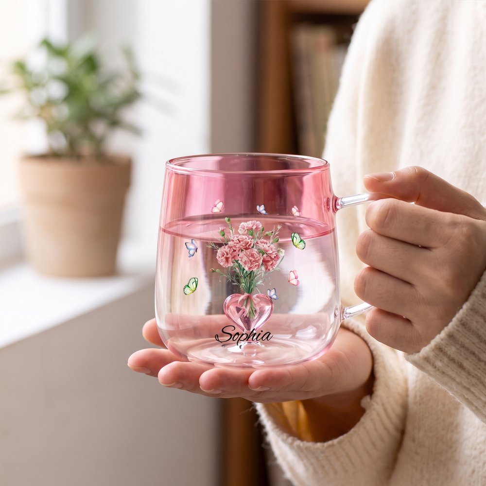 Personalised Butterfly Birth Flower 3D Heart Ornament 15 oz Glass Mug with Name Mother's Day Birthday Gift for Mum Woman 4