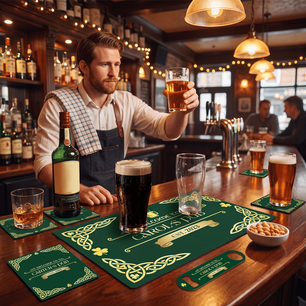 Personalized Vintage Irish Pub Bar Mat Coaster Bottle Opener Set with Pub Name and Year Bar Accessories Birthday Christmas Gift for Men Beer Lovers 2