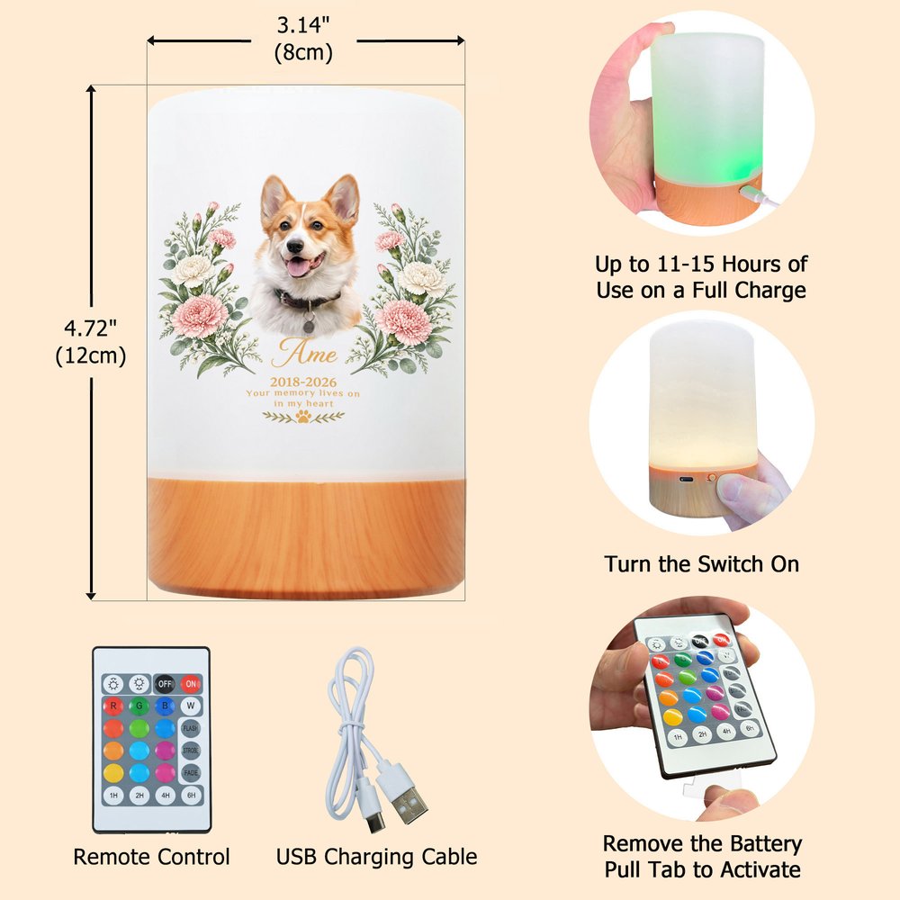 Personalized Oil Painting Pet Photo Birth Flower Touch Control Night Light with Name Year and Text Memorial Sympathy Gift for Loss of Pet 9