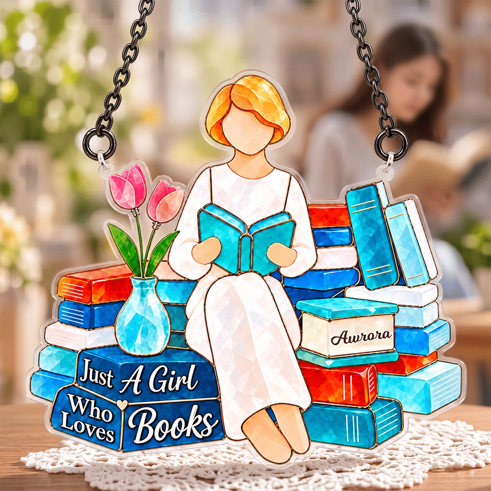 Personalised Birth Flower & Cartoon Reading Woman Sun Catcher with Name and Text Reading Corner Decor Birthday Gift for Women Book Lovers 4