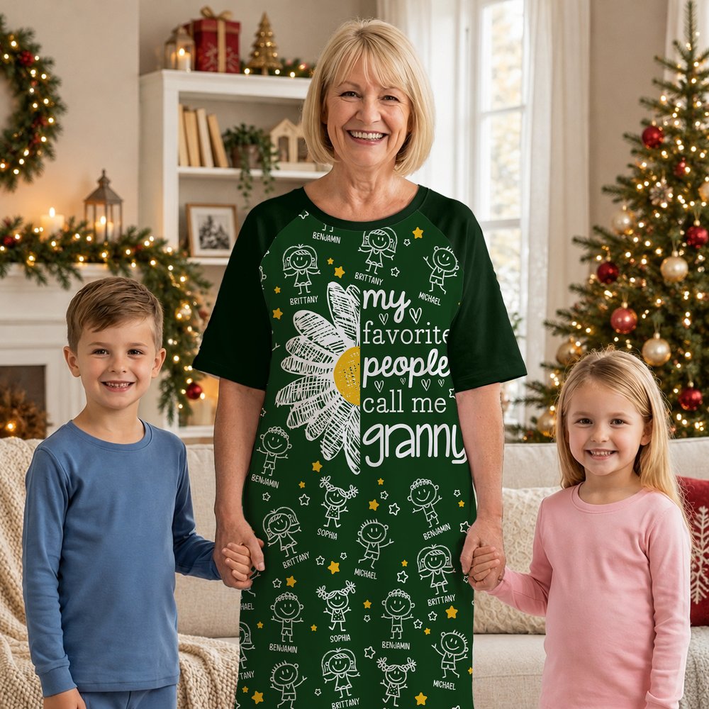 Personalised 1-16 Cartoon Line Art Kids Nightgown with Names and Side Pocket Daily Wear Birthday Christmas Gift for Grandma Mum 5
