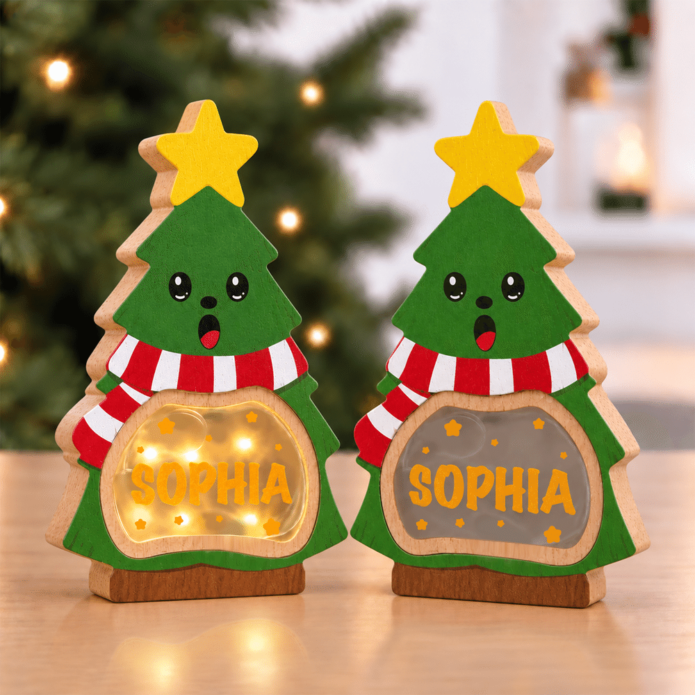 Personalized Cute Christmas Tree LED Light Wooden Christmas Ornament with Name and Text Christmas Gift for Family Kids 3
