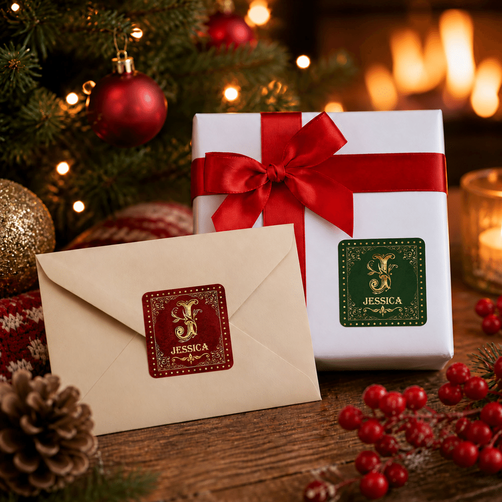 Personalized Retro Gold Initial Red Green Waterproof Square Stickers with Name Christmas Gift for Family Friends 8