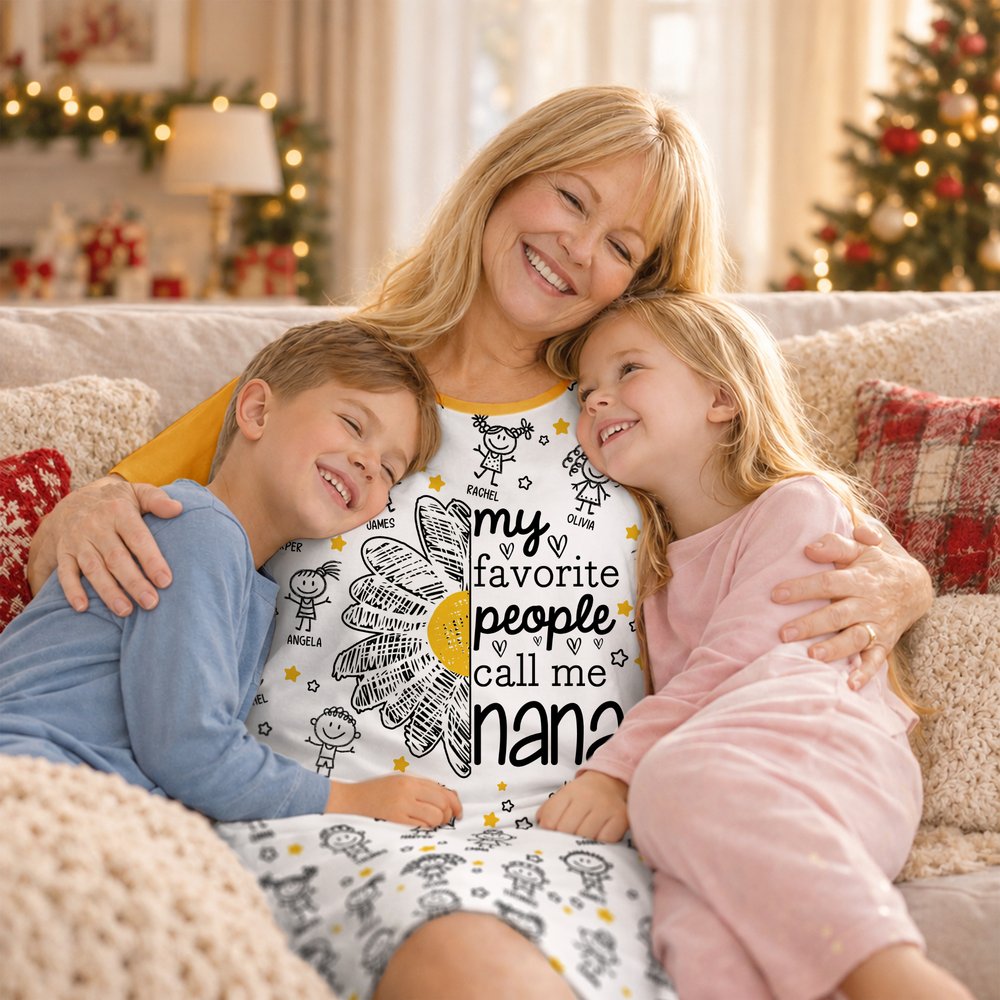 Personalised 1-16 Cartoon Line Art Kids Nightgown with Names and Side Pocket Daily Wear Birthday Christmas Gift for Grandma Mum 6
