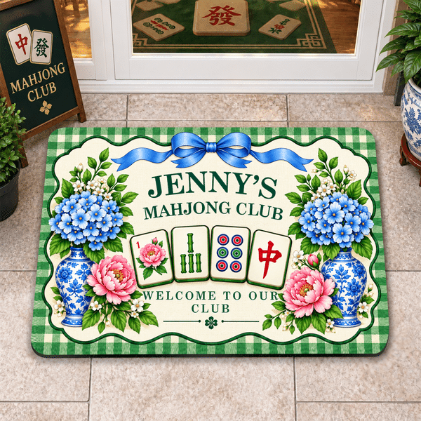 Personalised Floral Mahjong Theme Anti-Slip Door Mat with Title and Name Mahjong Parlor Club Decor Birthday Gift for Mahjong Lovers