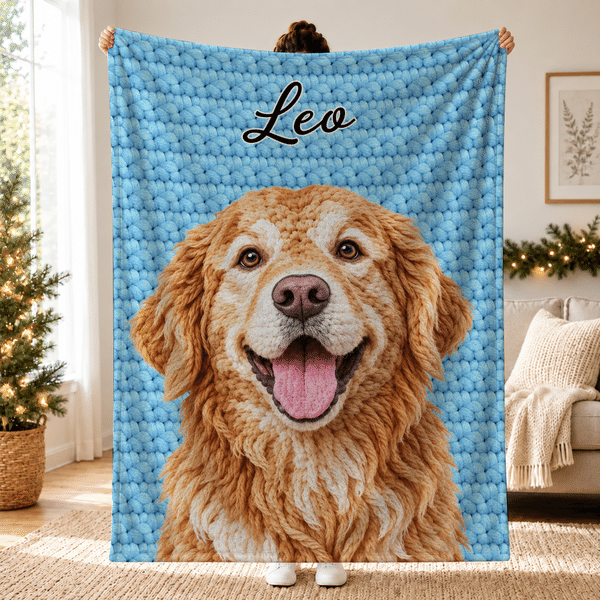 Personalized 3D-Effect Artwork Crochet Effect Pet Photo Soft Throw Blanket with Name Home Decor Birthday Housewarming Gift for Pet Lovers