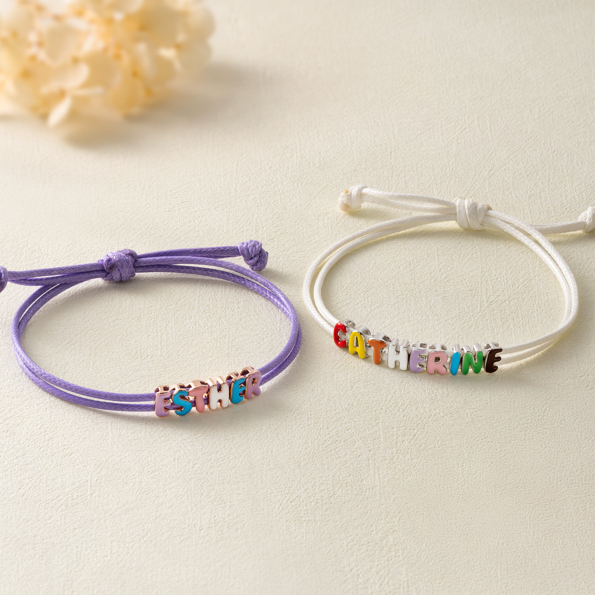 Personalized Macaron Bubble Letter Sterling Silver Adjustable Rope Bracelet with Name Birthday Christmas Gift for Friends Family