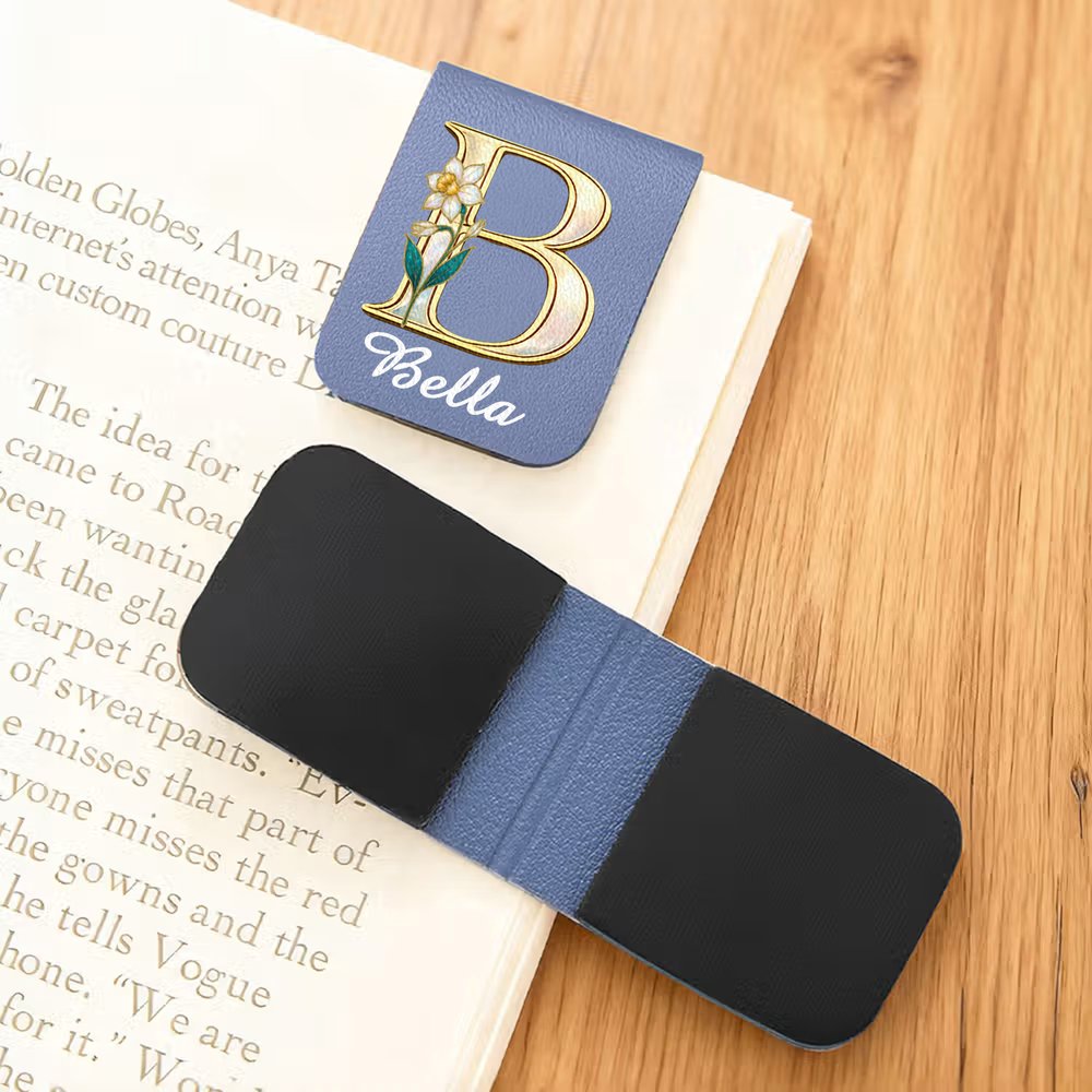 Personalized Pearl Effect Birth Flower Initial Magnetic PU Leather Bookmark Clip with Name Daily Use Birthday Gift for Bookworms Book Lovers 3