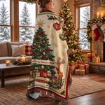 Personalized Vintage Christmas Reindeer Snowman Tassel Throw Blanket with Text Festive Christmas Gift for Family
