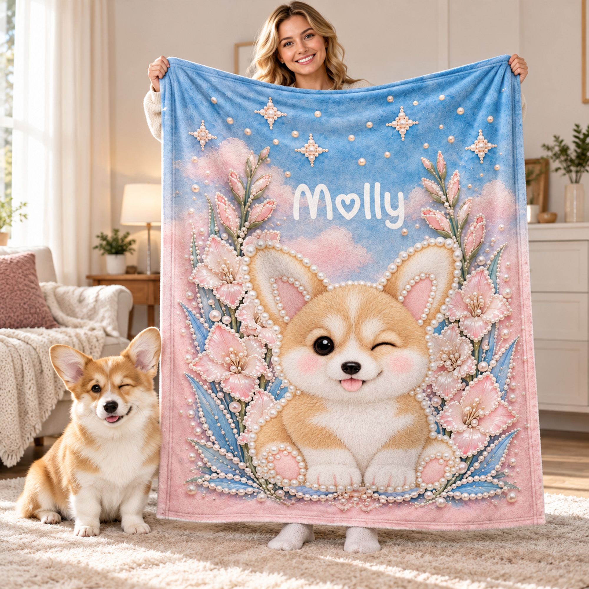 Personalized Pearl-Style Oil Painting Pet Photo Birth Flower Soft Throw Blanket with Name Home Decor Birthday Christmas Gift for Pet Owners