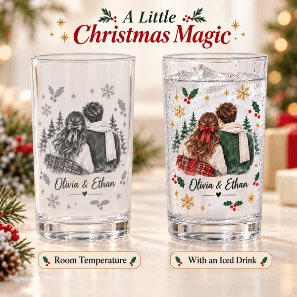 Personalized Christmas Color Changing Glass Cup with Photo, Watercolor Portrait Tumbler & Holiday Decor, Xmas/Birthday Gift for Family/Couples