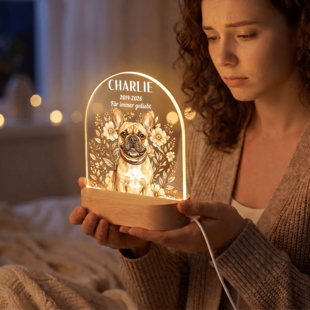 Personalisiertes Haustierfoto Nachtlicht mit Aquarell-Blumen | mit Namen & Text | LED-Acryllampe mit Holzsockel | Erinnerungsgeschenk für Tierbesitzer 5