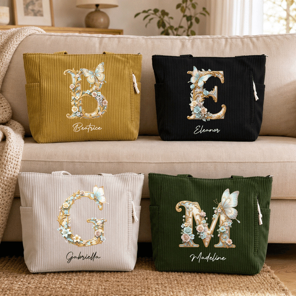 Personalized Floral Butterfly Initial Corduroy Tote Bag with Name Daily Use Birthday Gift for Women Friends