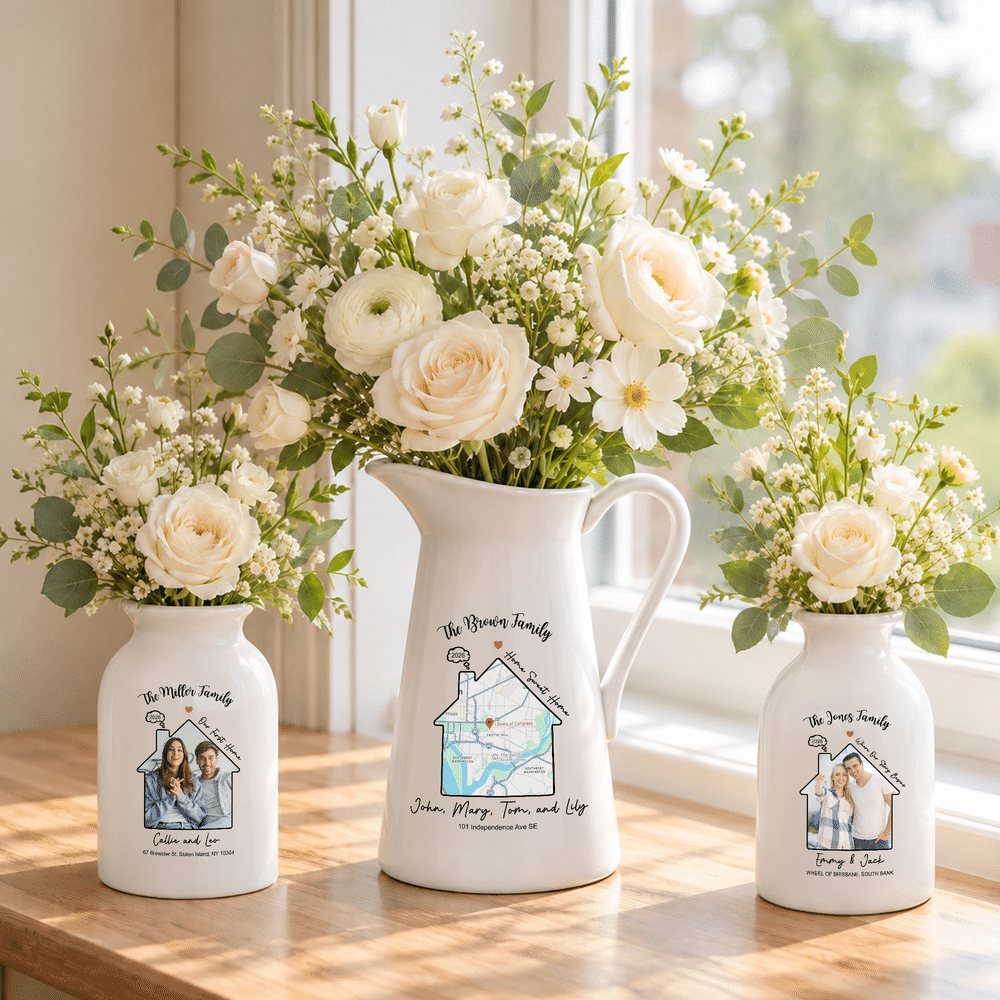 Personalisierte Keramikvase mit „Warm Cabin“-Motiv und Familienfoto, mit Familiennamen, Überschrift und Text – Wohnaccessoire und Einweihungsgeschenk für Familie und Freunde 4