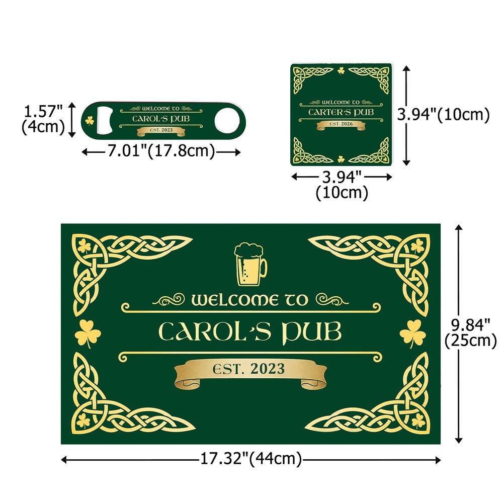 Personalized Vintage Irish Pub Bar Mat Coaster Bottle Opener Set with Pub Name and Year Bar Accessories Birthday Christmas Gift for Men Beer Lovers 8