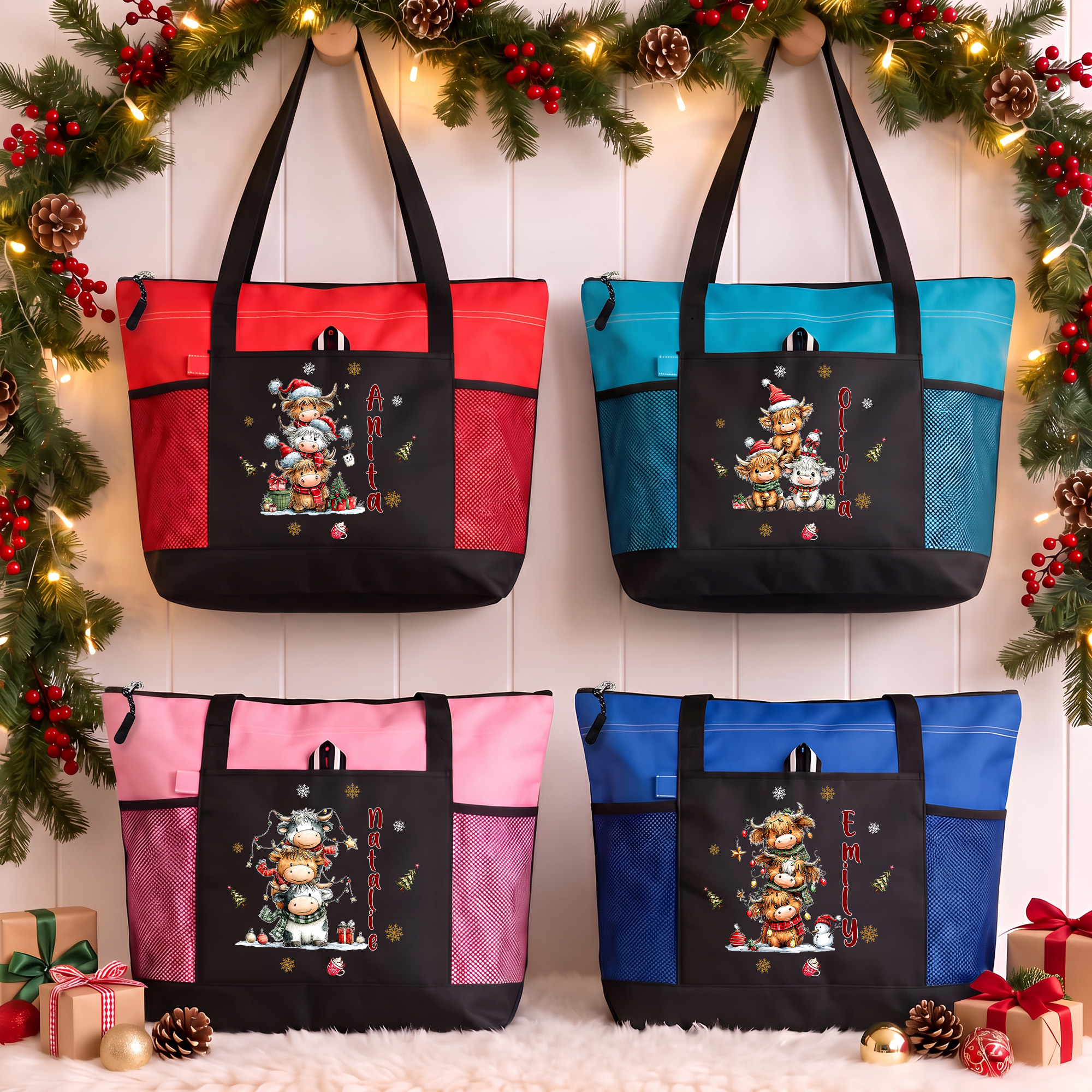 Personalisierte Tragetasche mit großem Fassungsvermögen und aufgereihten Highland-Kühen, mit Namen und Netztaschen – Weihnachtsgeschenk für Familie und Freunde