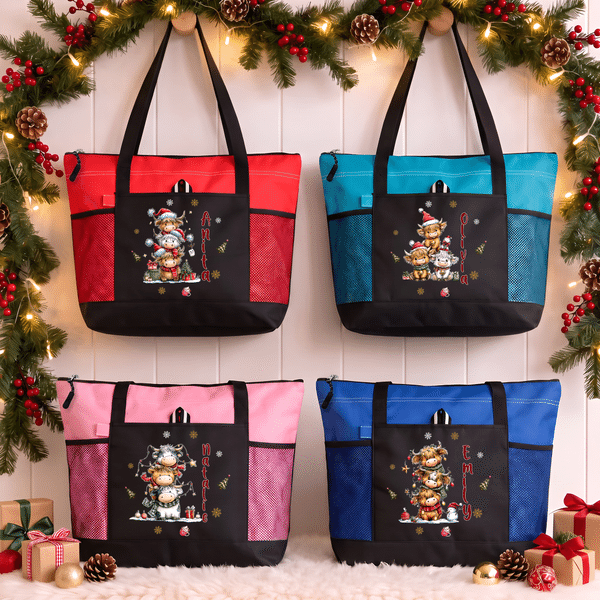 Personalized Stacked Highland Cow Large Capacity Tote Bag with Name and Mesh Pockets Christmas Holiday Gift for Family Friends
