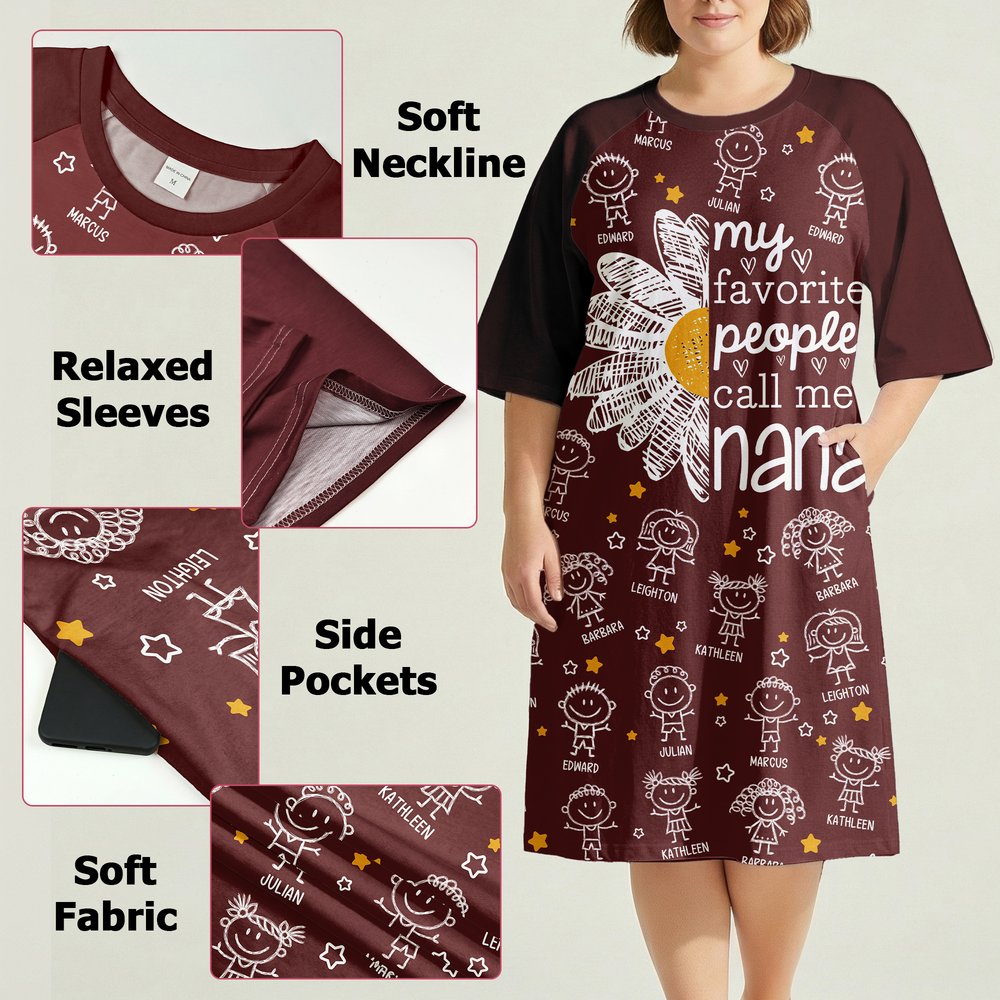 Personalised 1-16 Cartoon Line Art Kids Nightgown with Names and Side Pocket Daily Wear Birthday Christmas Gift for Grandma Mum 8