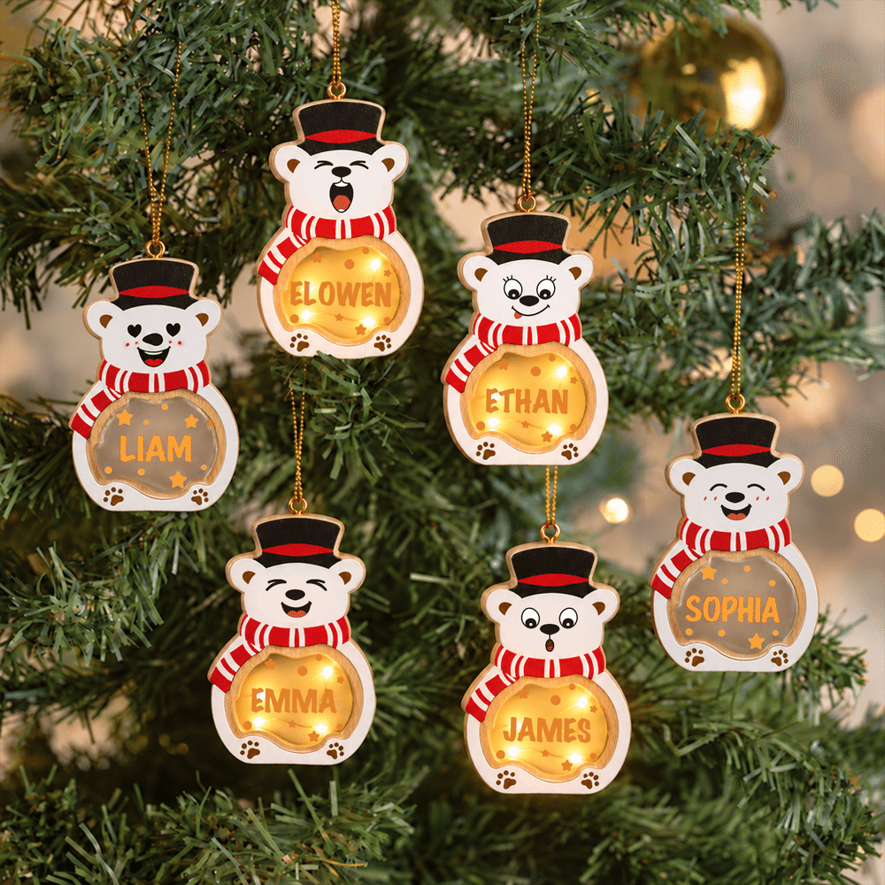 Personalized Cute Polar Bear LED Light Wooden Christmas Ornament with Name and Text Christmas Gift for Family Kids 7