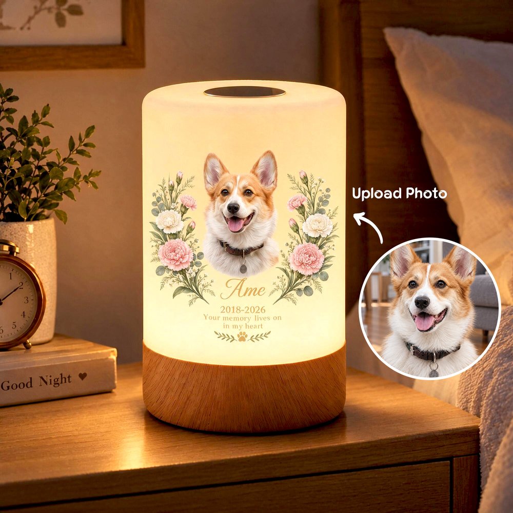 Personalized Oil Painting Pet Photo Birth Flower Touch Control Night Light with Name Year and Text Memorial Sympathy Gift for Loss of Pet 1